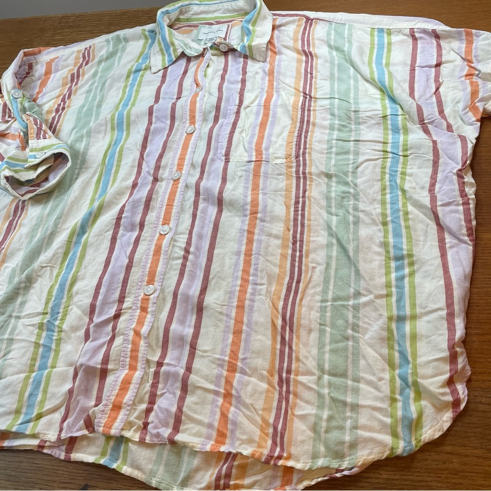 American Eagle Oversized Shirt Women's M Pastel Stripes Button Down Roll Sleeve - Picture 5 of 13